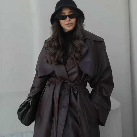 Burgundy Faux Leather Trench Coat - Picture 4 of 8